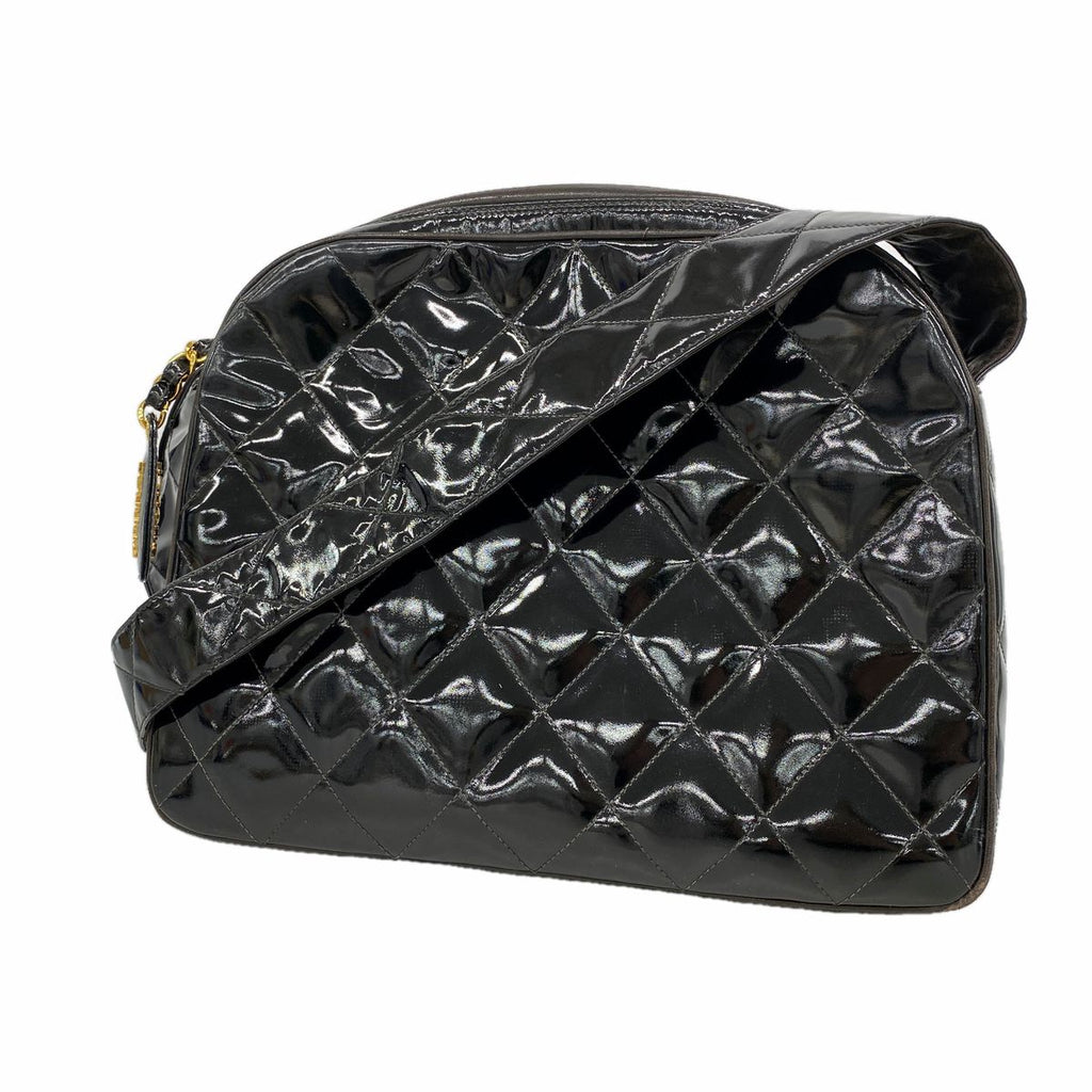 Chanel Shoulder Bag Quilted Patent Leather Black Gold