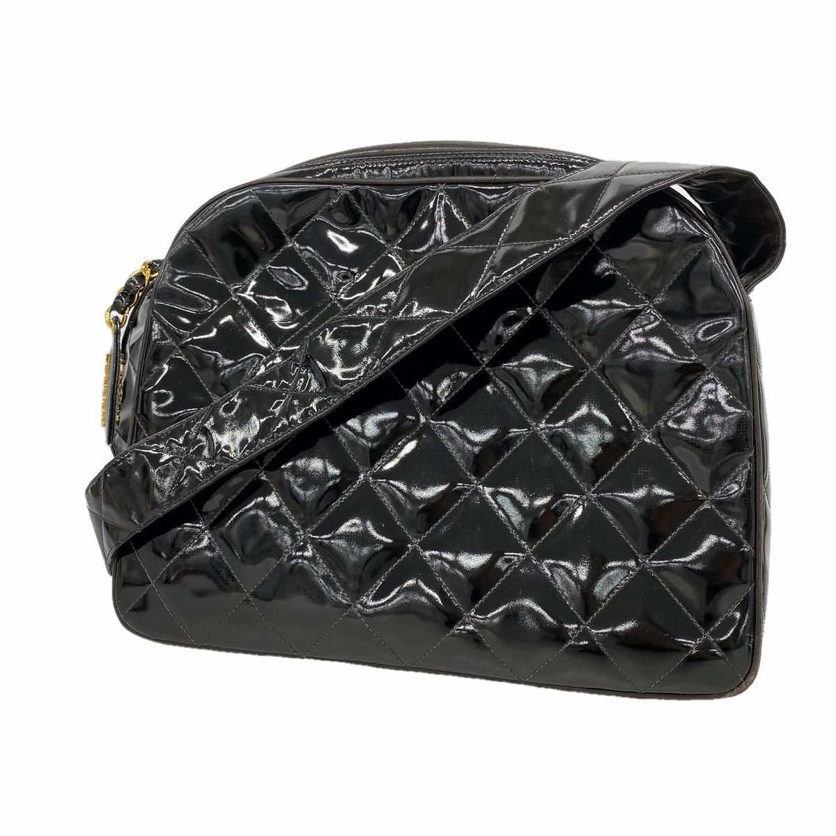 Chanel Shoulder Bag Quilted Patent Leather Black Gold