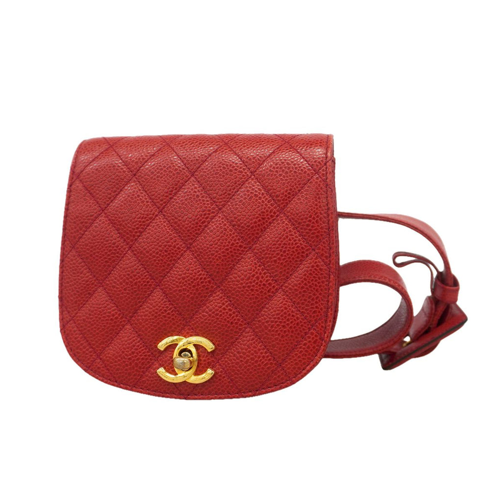 Chanel Waist Bag Quilted Caviar Leather Red Gold