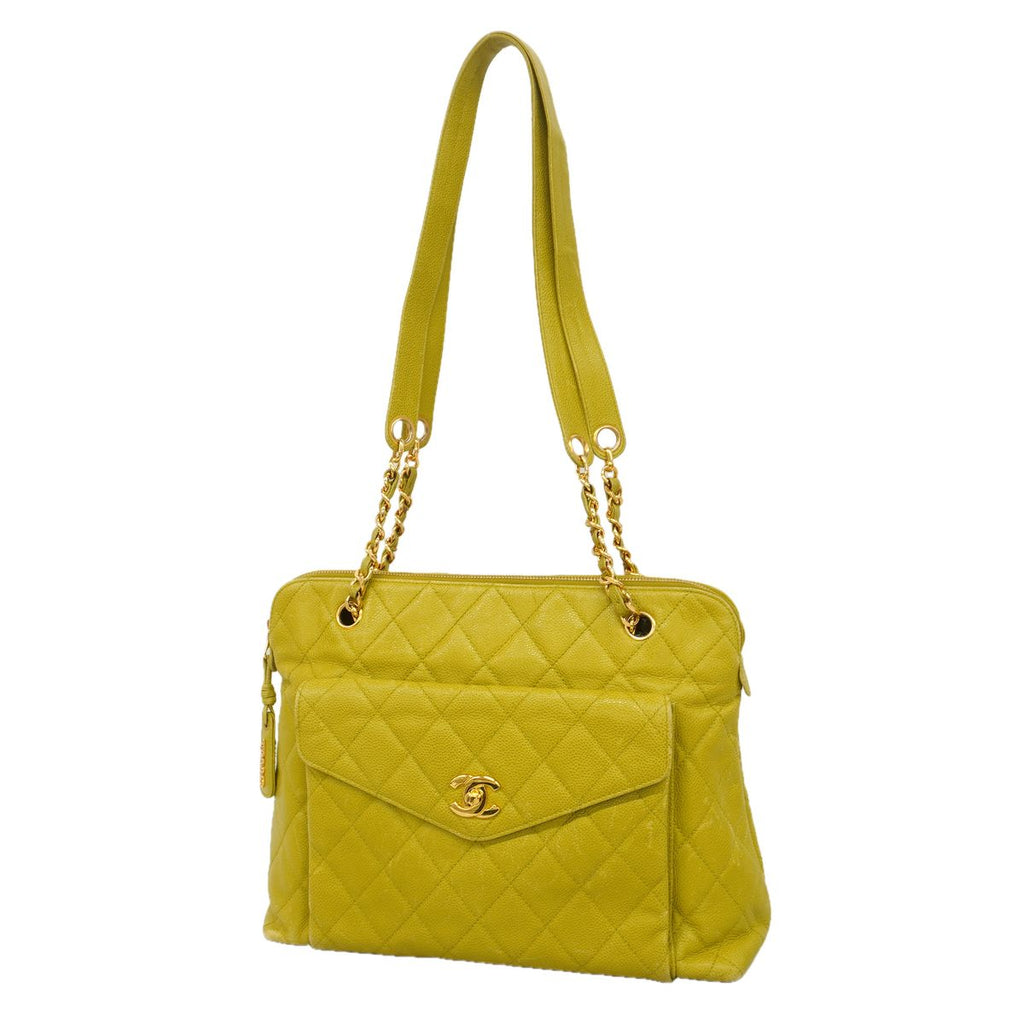 Chanel Chain Tote Bag Quilted Caviar Leather Light Green Gold