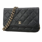 Chanel Wallet on Chain Quilted Caviar Leather Black Gold Shoulder Bag