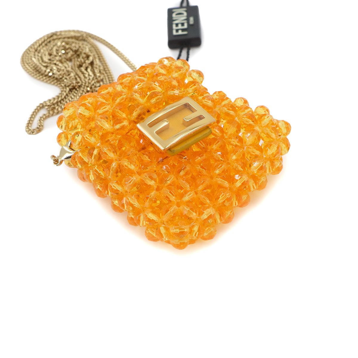Fendi Pico Baguette Chain Shoulder Pouch Beads Leather Orange Charm — view 4