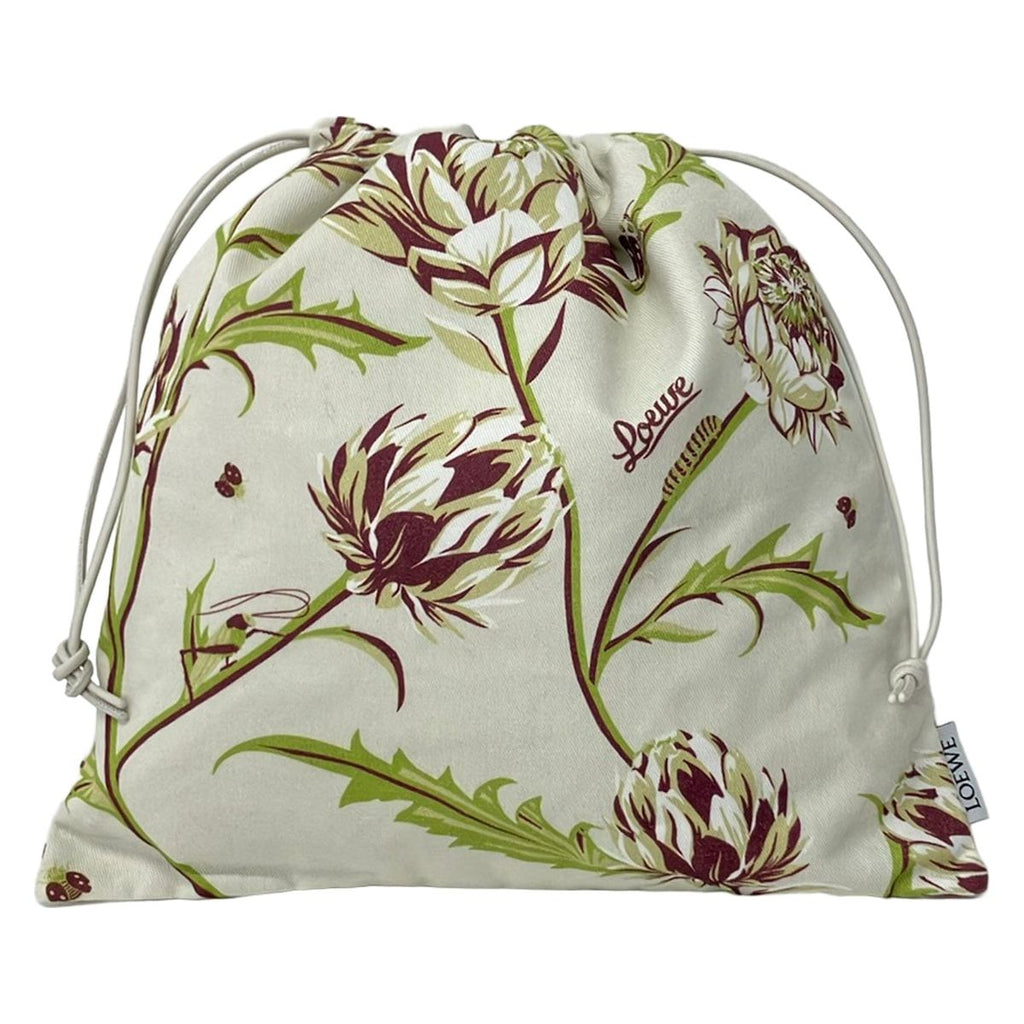 Loewe Pouch Drawstring Ivory Light Green Multi Plant Pattern Cotton Leather
