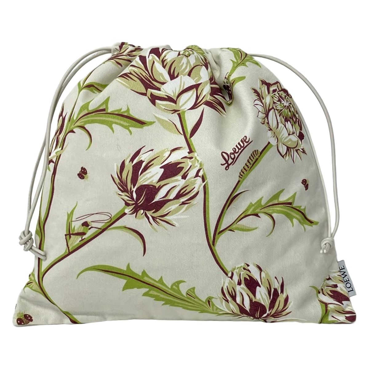 Loewe Pouch Drawstring Ivory Light Green Multi Plant Pattern Cotton Leather