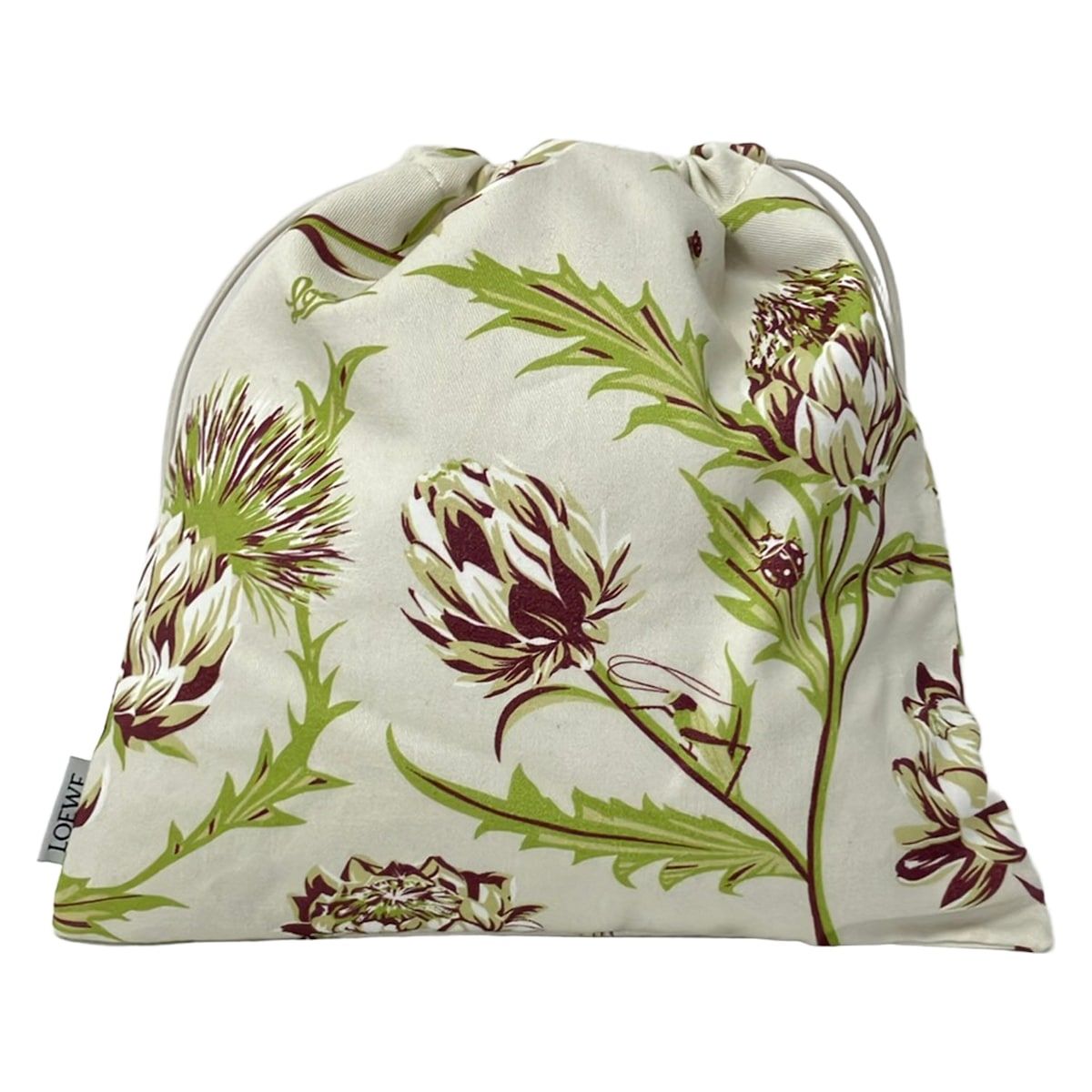 Loewe Pouch Drawstring Ivory Light Green Multi Plant Pattern Cotton Leather — view 2