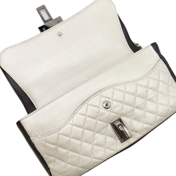Chanel Shoulder Bag Quilted Chain Leather White Black Gunmetal Metallic Double — view 8