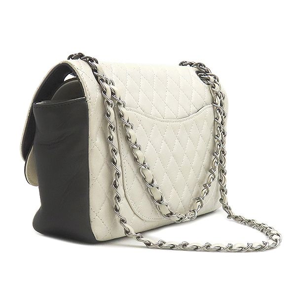 Chanel Shoulder Bag Quilted Chain Leather White Black Gunmetal Metallic Double — view 2