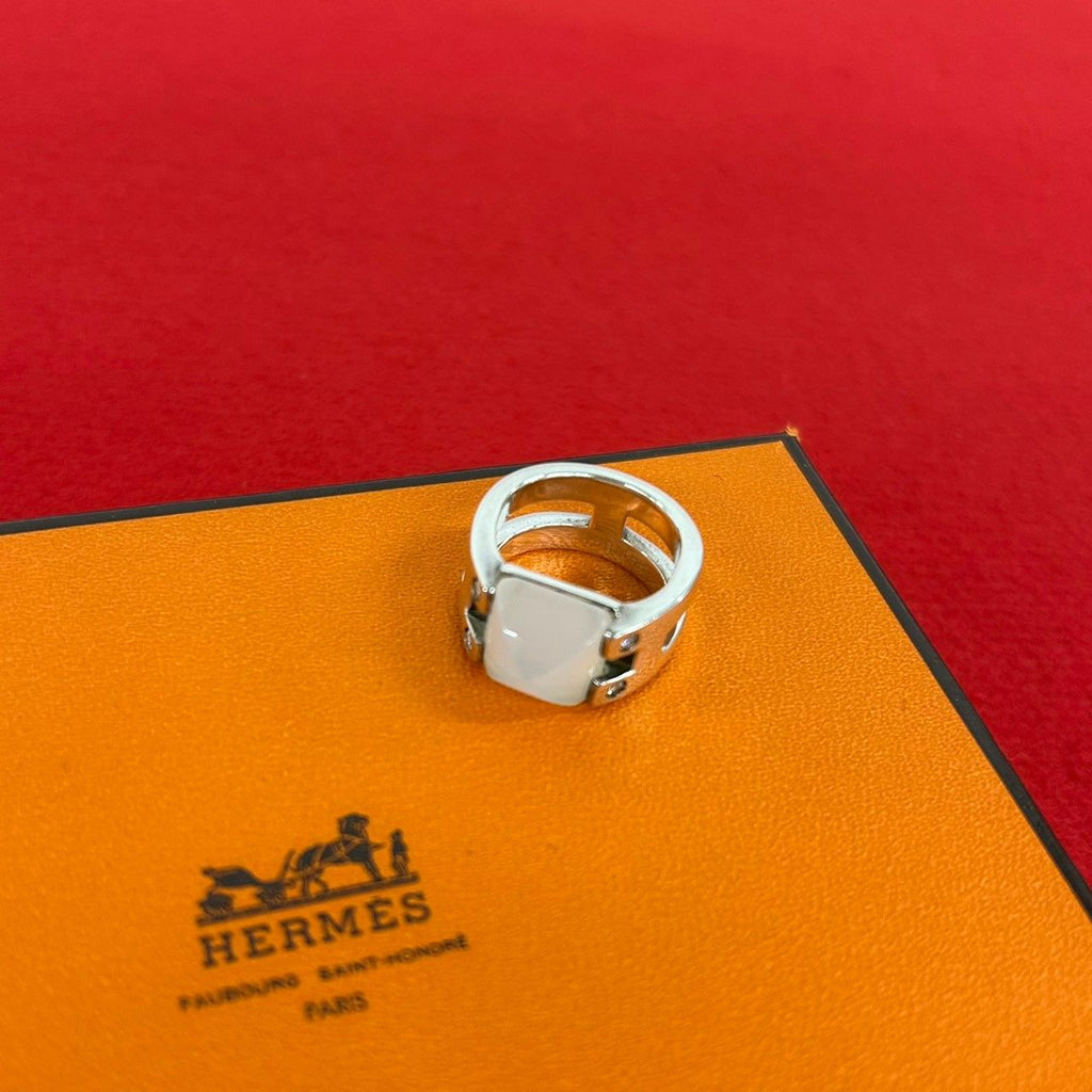 Hermes Medor Ring 925 Sterling Silver Moonstone Diamond 51 White