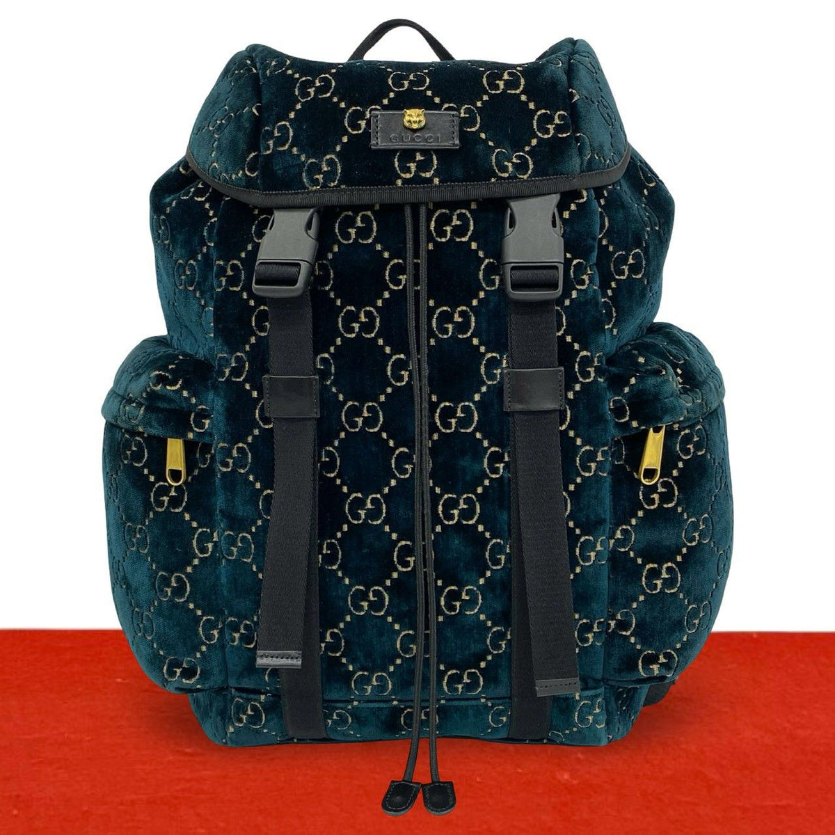Gucci GG Velvet Velour Leather Backpack Green Black