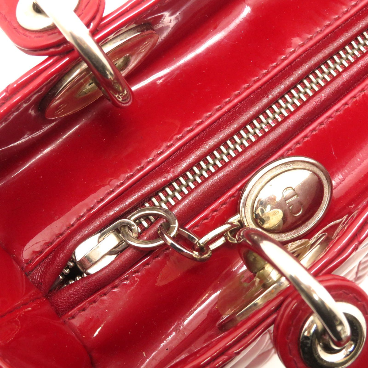 Dior Cannage Lady Dior Handbag Medium Red S Patent Leather Silver — view 7