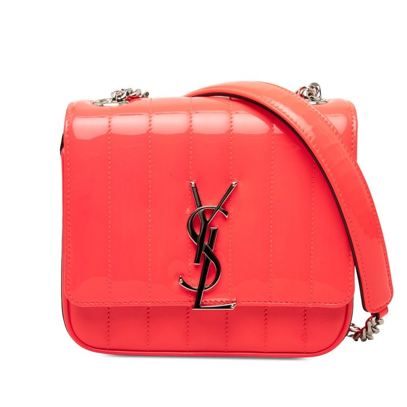 Saint Laurent YSL Logo Viki Small Crossbody Chain Shoulder Bag Pink Patent