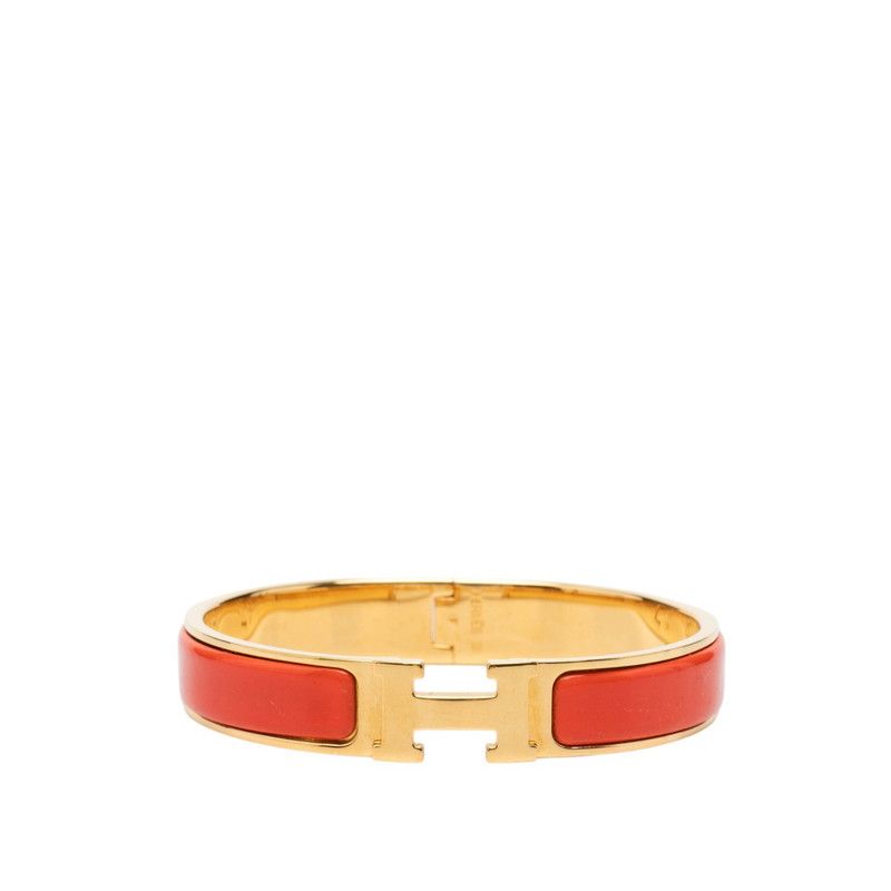 Hermes Clic H GM Enamel Bracelet Bangle Gold Orange Red Plated