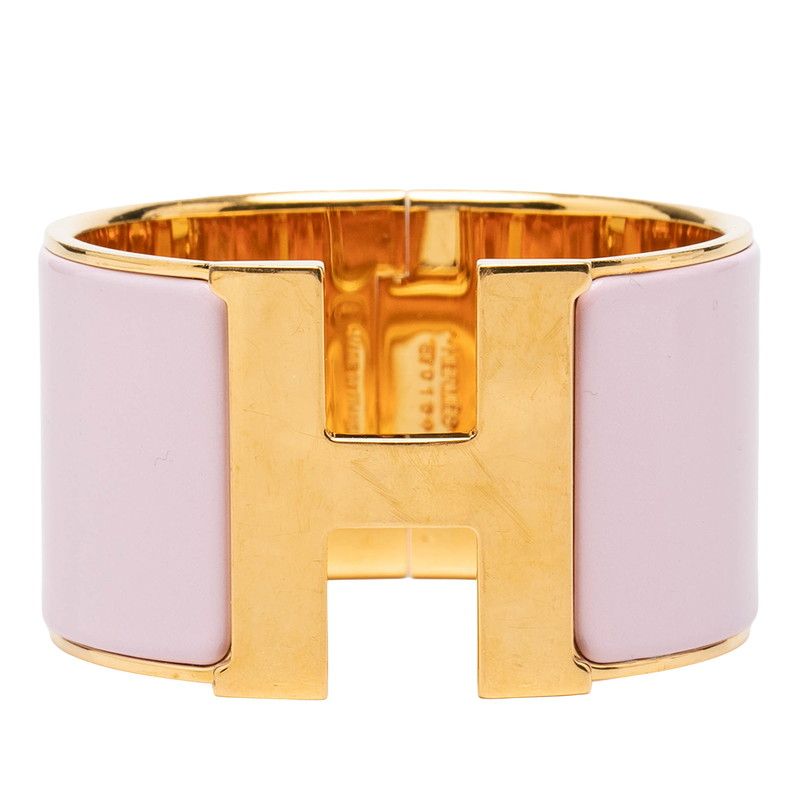 Hermes Clic Clac H PM Extra Wide Enamel Bracelet Bangle Gold Pink Plated