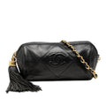Chanel CC Logo Quilted Tassel Chain Shoulder Bag Black Gold Lambskin