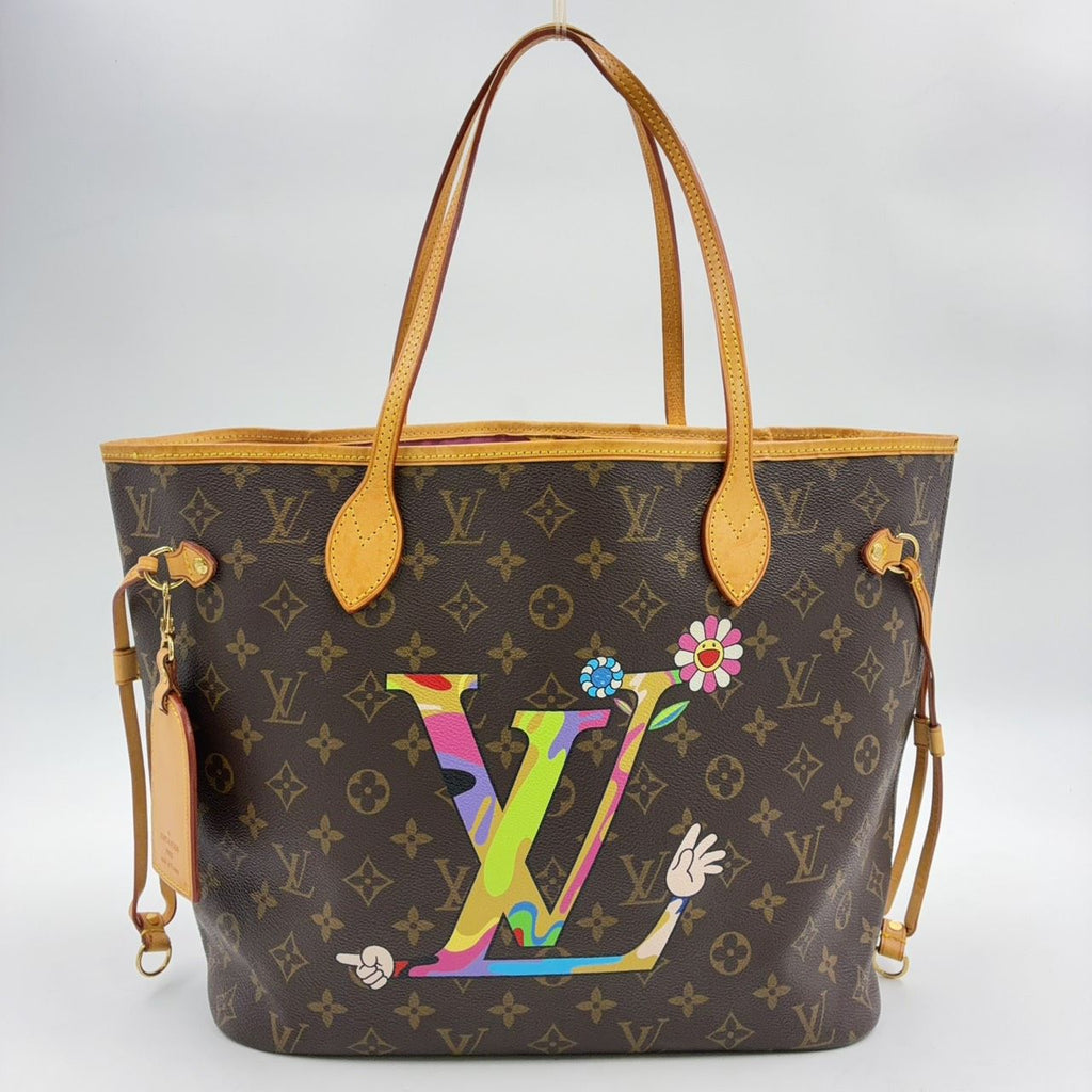 Louis Vuitton Neverfull MM Monogram Leather Brown Multicolor Light Tote Bag Gold
