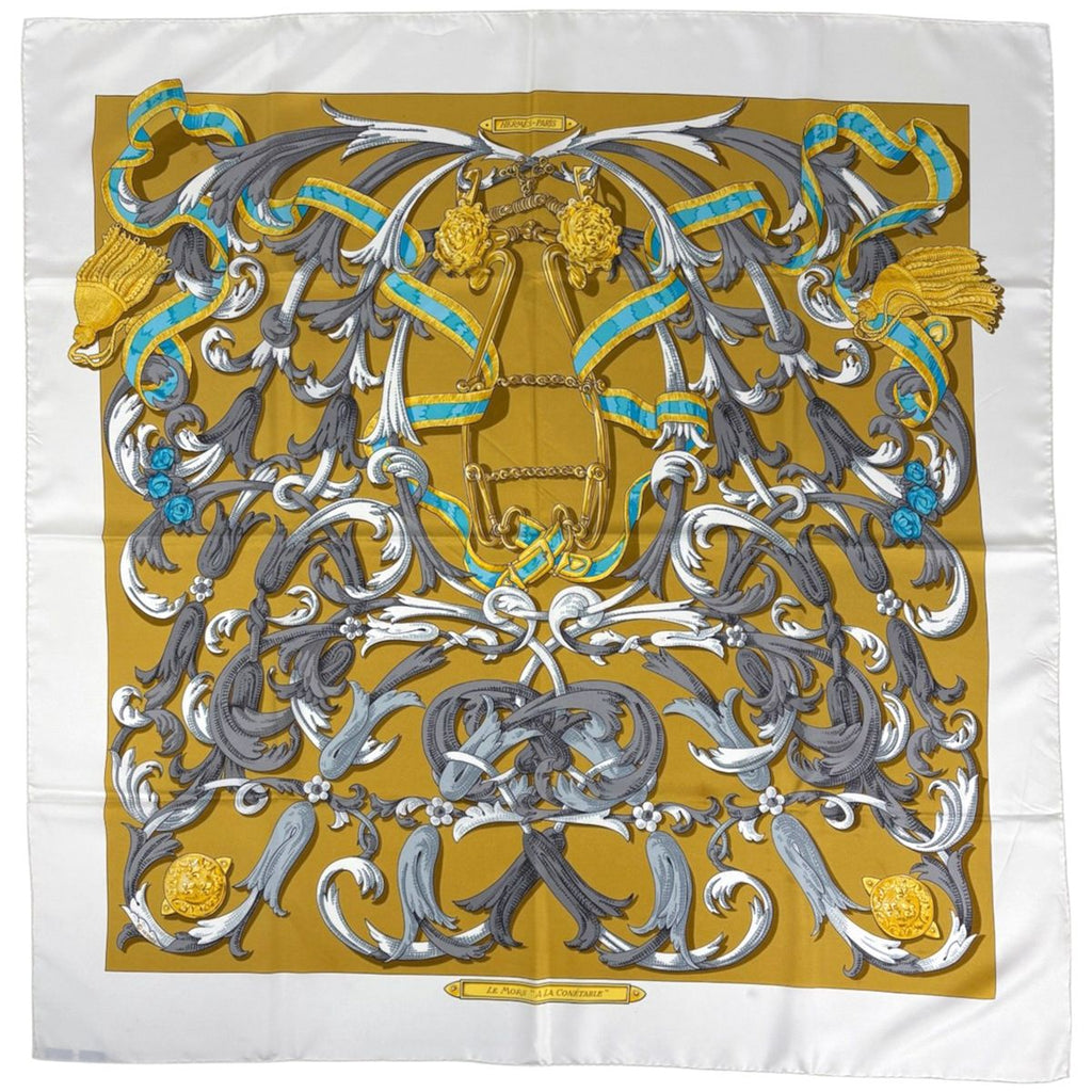 Hermes Carre 90 Le Mors a la Conetable Silk Scarf White Multicolor