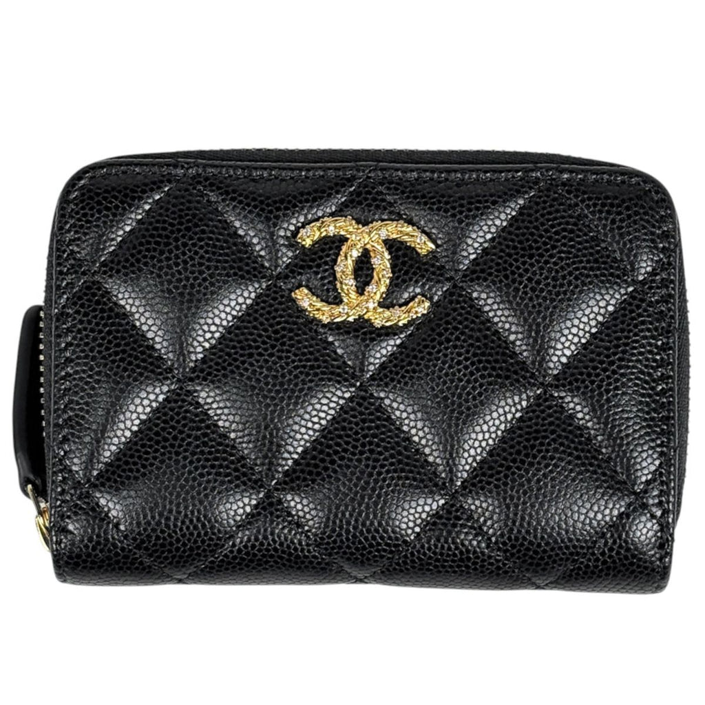 Chanel Card Case CC Logo Coin Purse Zip Around Caviar Leather Rhinestone Black