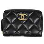 Chanel Card Case CC Logo Coin Purse Zip Around Caviar Leather Rhinestone Black