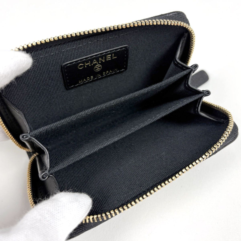 Chanel Card Case CC Logo Coin Purse Zip Around Caviar Leather Rhinestone Black — view 5