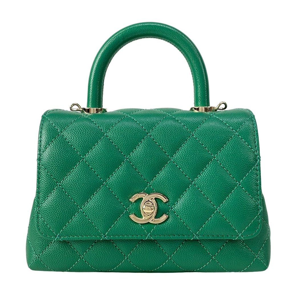 Chanel Handbag Top Handle Mini Flap Bag Coco XXS Quilted Green Silver