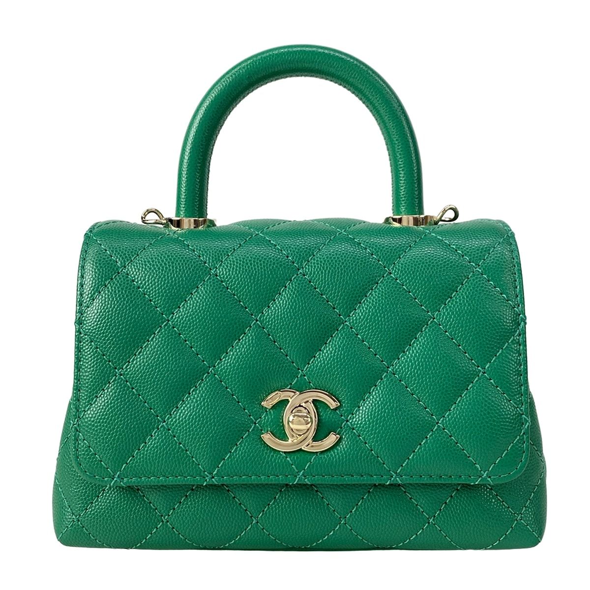 Chanel Handbag Top Handle Mini Flap Bag Coco XXS Quilted Green Silver