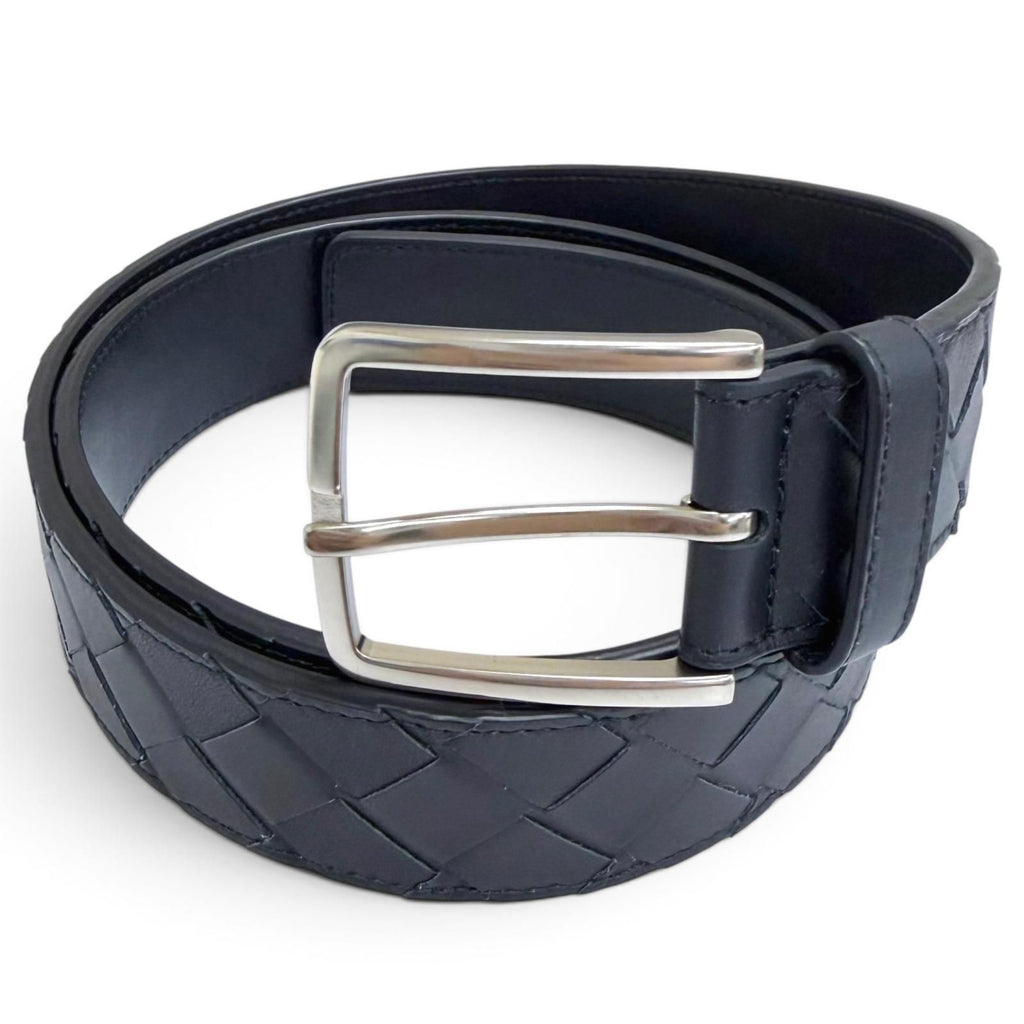 Bottega Veneta Intrecciato Leather Belt Navy Silver 95