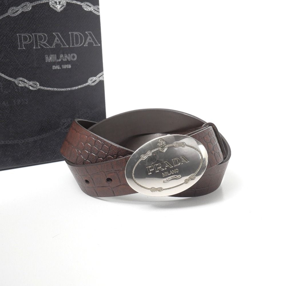 Prada Belt 90/36 Croco Embossed Leather Logo Buckle