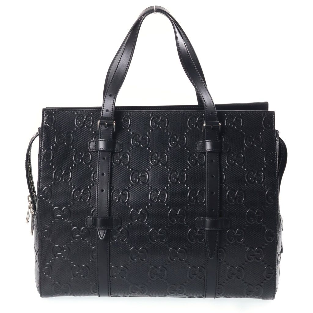 Gucci GG Embossed Leather Hand Tote Bag Silver Black