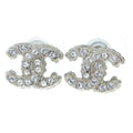 Chanel CC Logo Rhinestone Earrings Silver