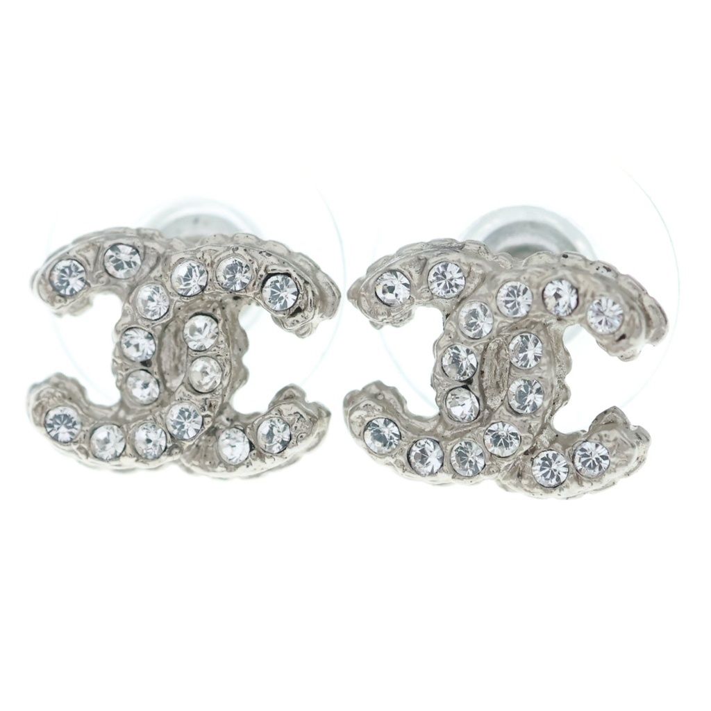 Chanel CC Logo Rhinestone Earrings Silver