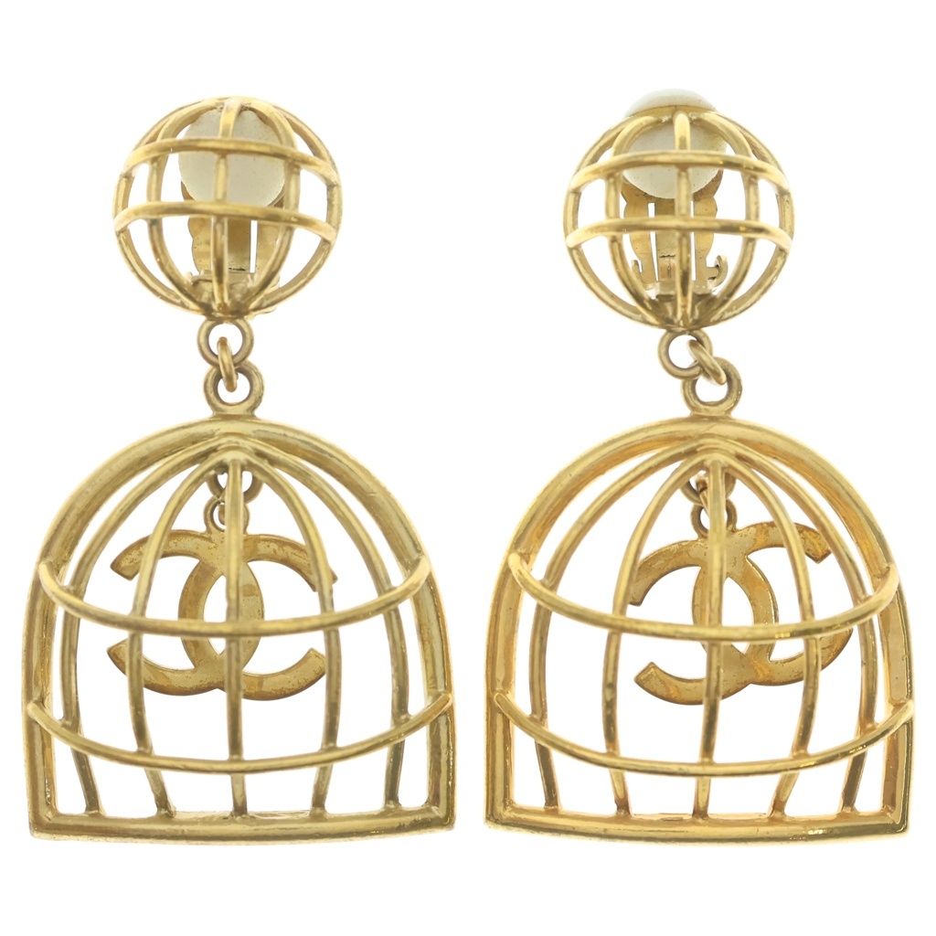 Chanel CC Logo Birdcage Motif Earrings Gold