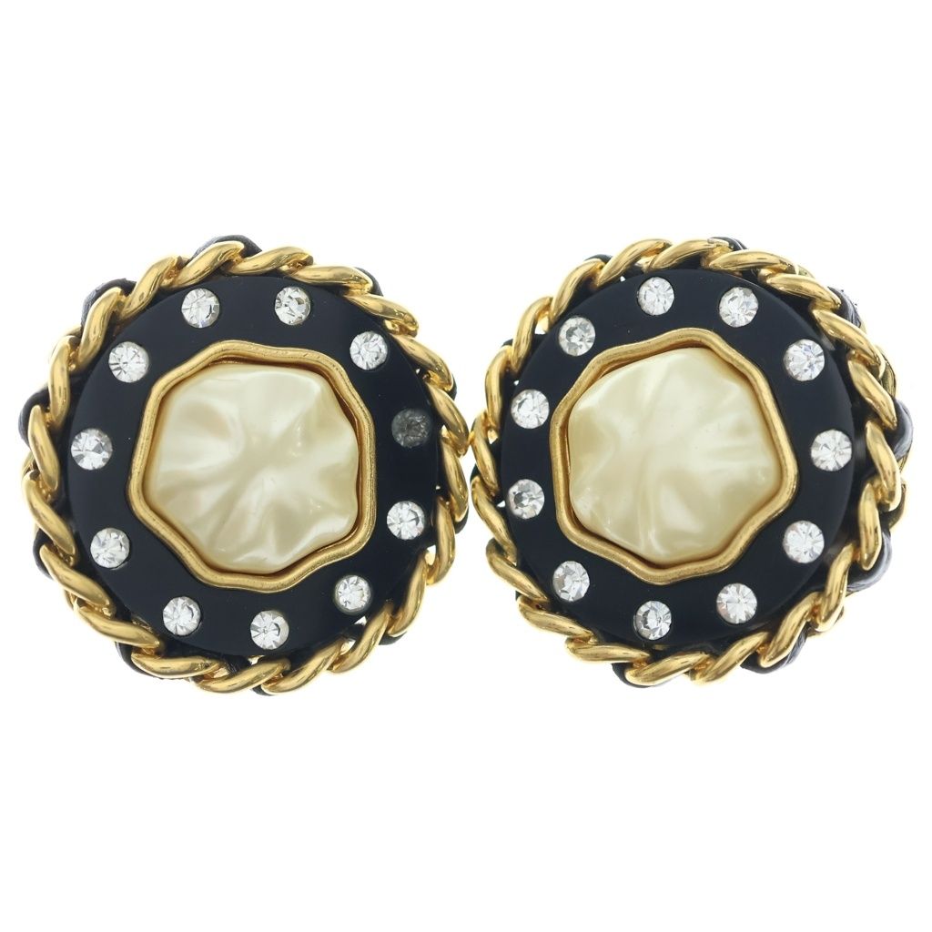 Chanel Dot Mabe Pearl Rhinestone Circle Earrings Black Gold