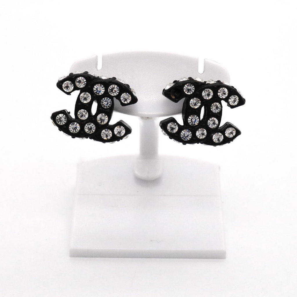 Chanel Earrings CC Logo Plastic Metal Rhinestone Silver Black — view 2