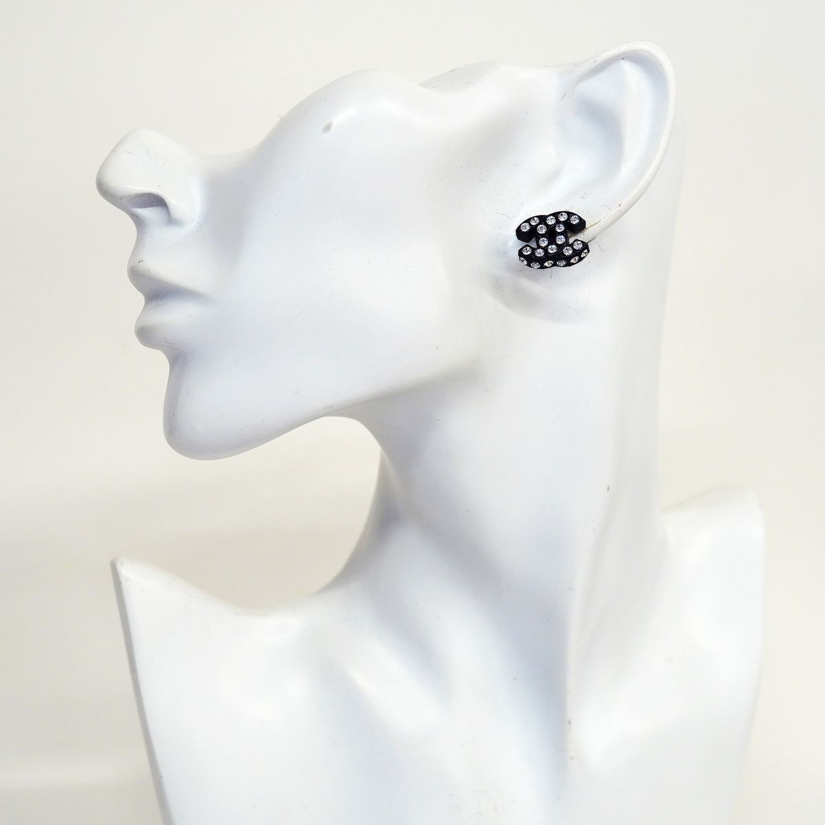 Chanel Earrings CC Logo Plastic Metal Rhinestone Silver Black — view 5