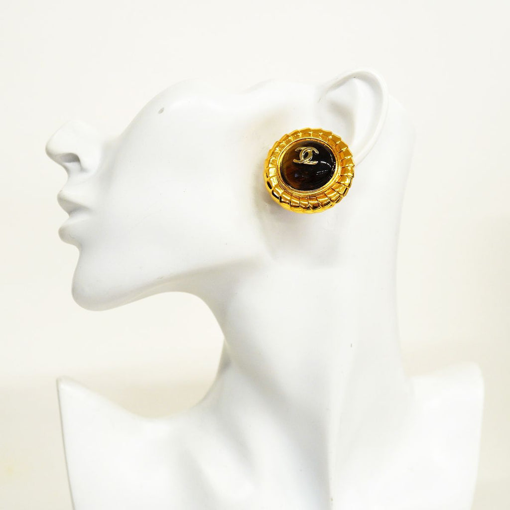 Chanel Earrings Vintage CC Logo Gold Plated Tiger's Eye Brown — view 5