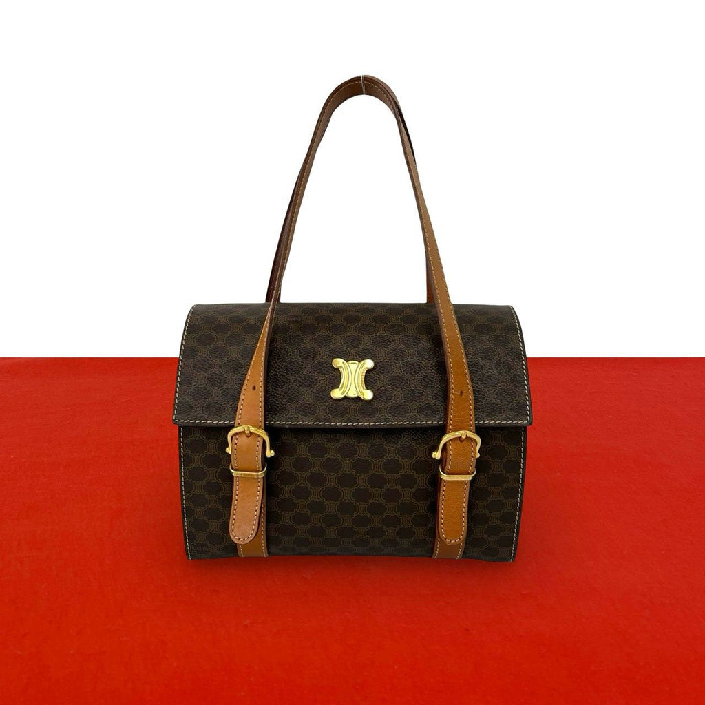 Celine Vintage Macadam Blason Pattern Logo Leather Mini Boston Bag Brown