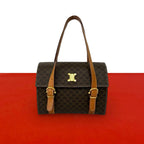 Celine Vintage Macadam Blason Pattern Logo Leather Mini Boston Bag Brown
