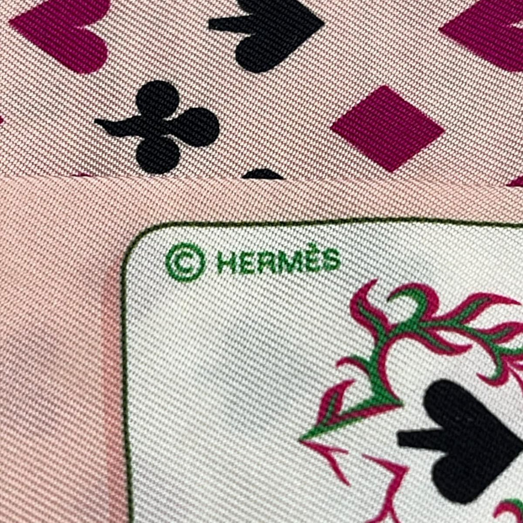 Hermes Scarf Twilly Light Pink Ivory Multi Ribbon Playing Cards Pattern — view 2