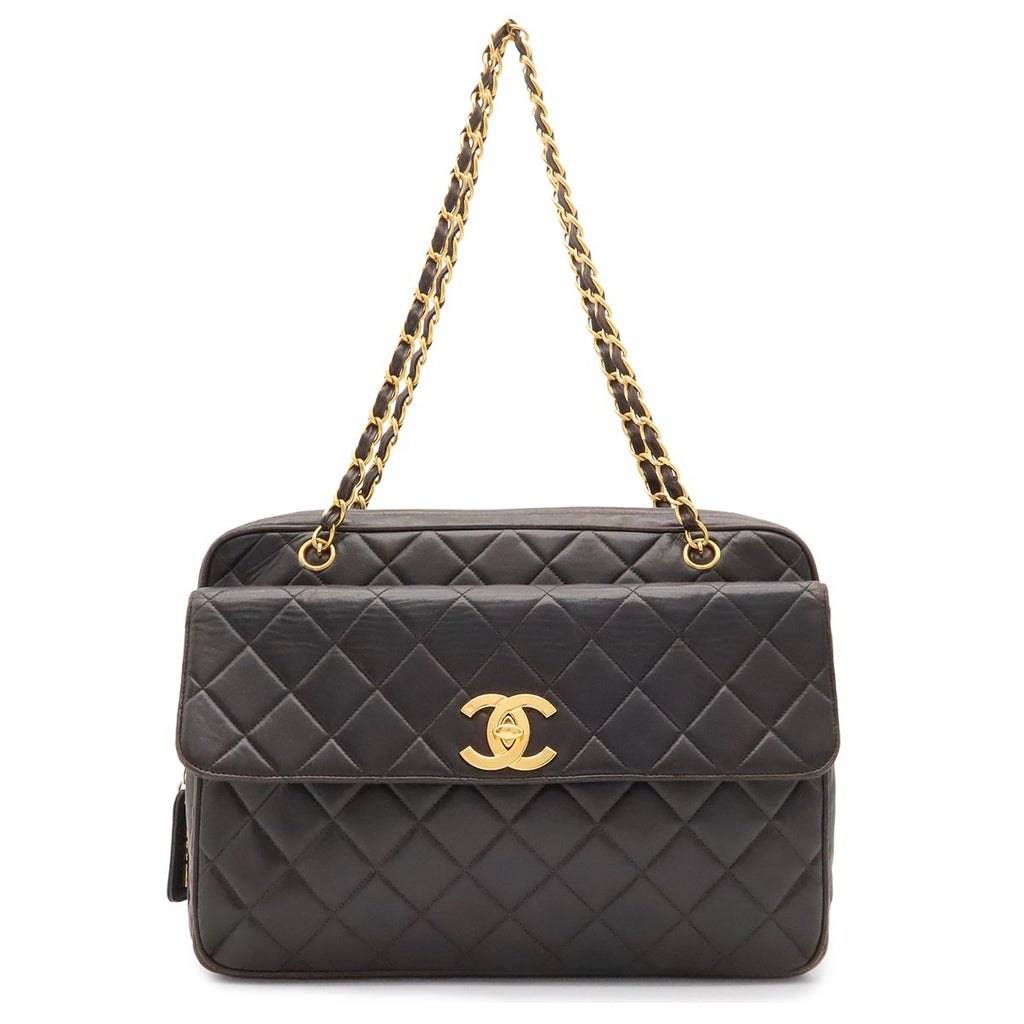 Chanel Quilted CC Logo Chain Shoulder Tote Bag Leather Black Gold