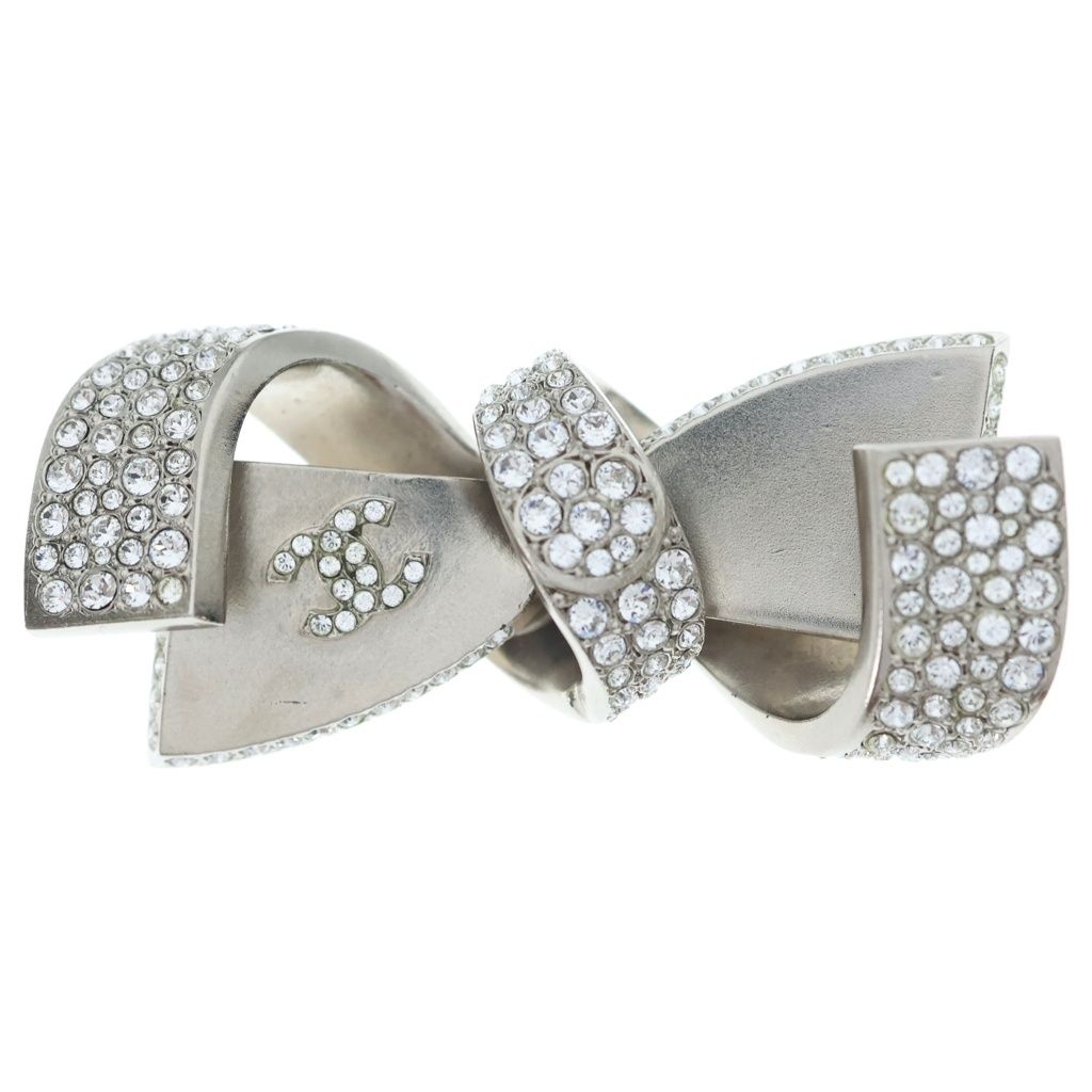 Chanel CC Logo Coco Ribbon Brooch Rhinestone Silver
