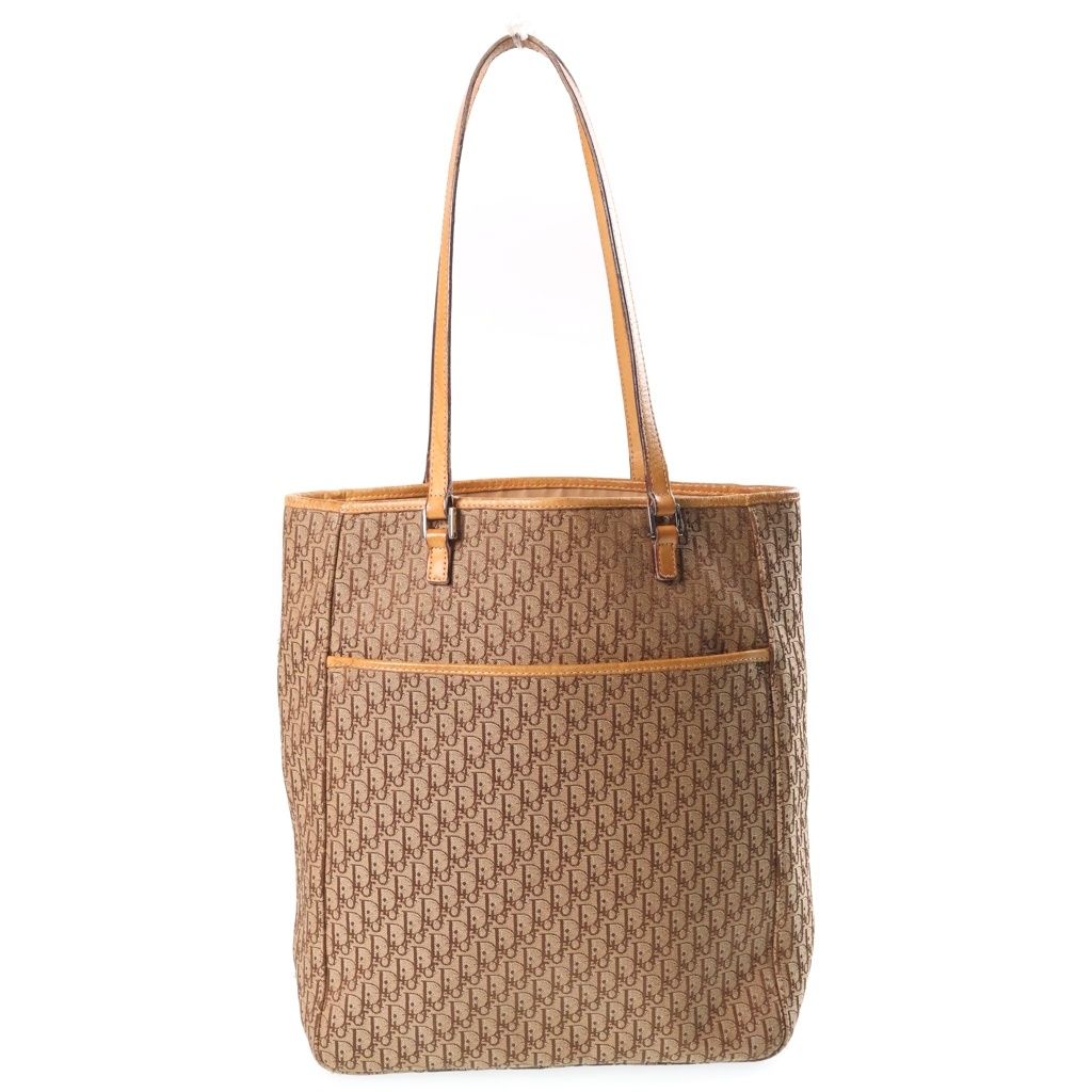 Dior Monsieur Trotter Canvas Leather Shoulder Tote Bag Silver Beige Brown