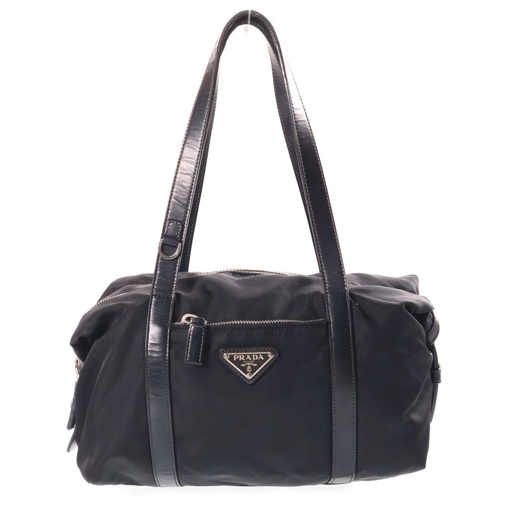 Prada Triangle Logo Handbag Leather Nylon Silver