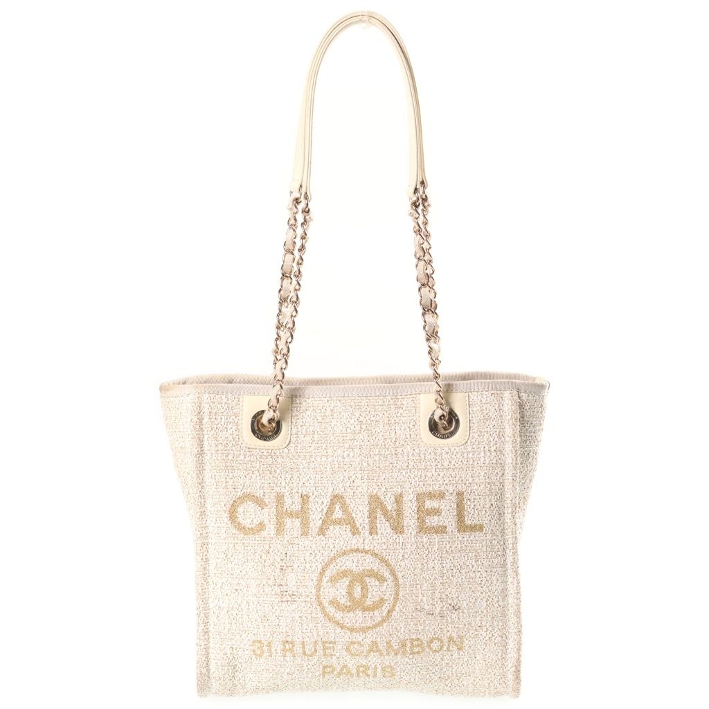 Chanel CC Logo Deauville PM Tote Bag Tweed Leather Ivory Gold Plate