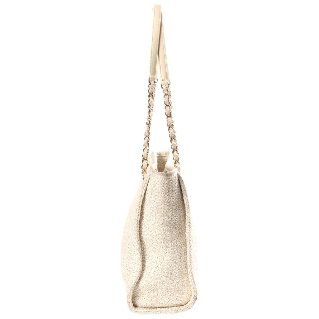 Chanel CC Logo Deauville PM Tote Bag Tweed Leather Ivory Gold Plate — view 3