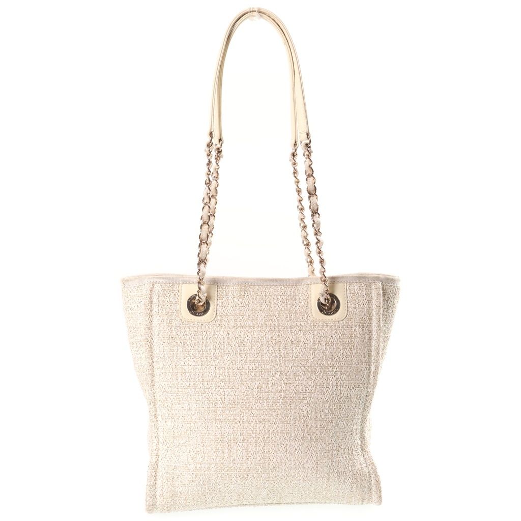 Chanel CC Logo Deauville PM Tote Bag Tweed Leather Ivory Gold Plate — view 2