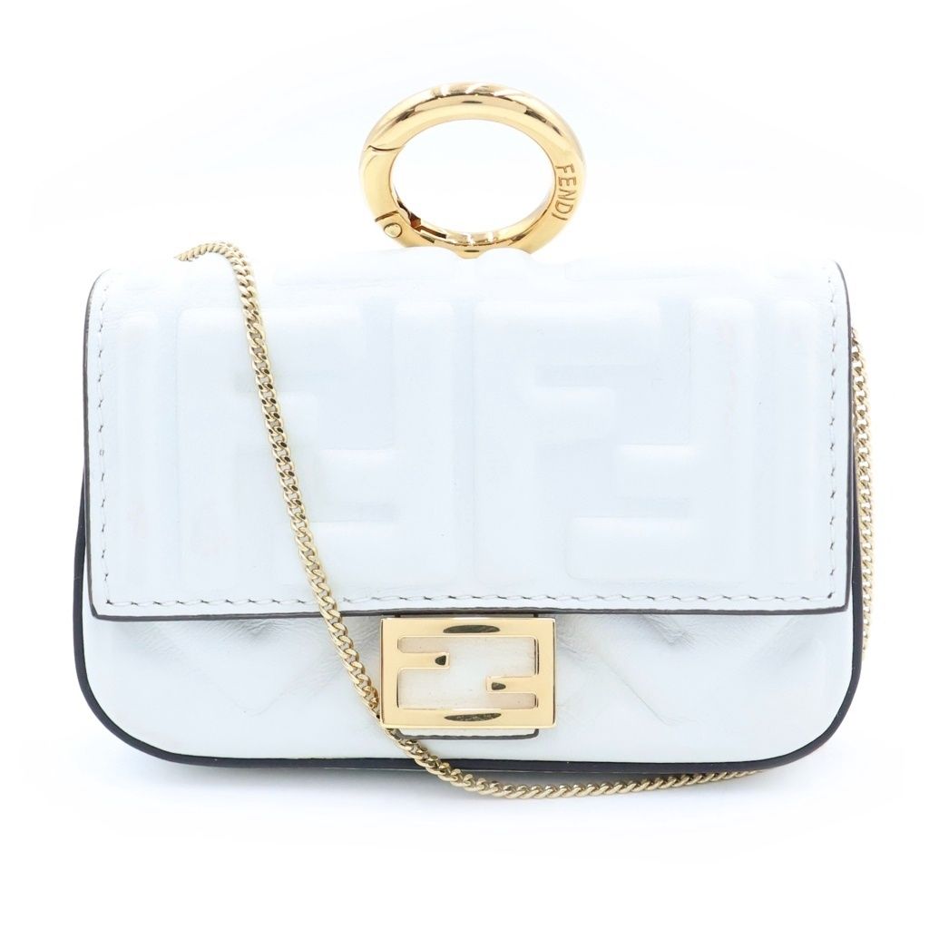 Fendi Nano Bucket Chain Mini Shoulder Bag Charm White Leather Gold