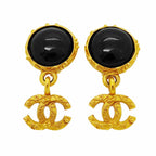 Chanel Earrings Vintage CC Logo Gold Plated Black