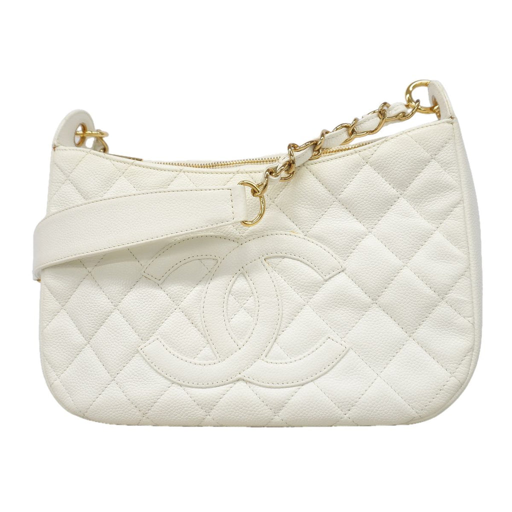 Chanel Shoulder Bag Quilted Caviar Leather White Champagne Gold