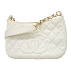 Chanel Shoulder Bag Quilted Caviar Leather White Champagne Gold