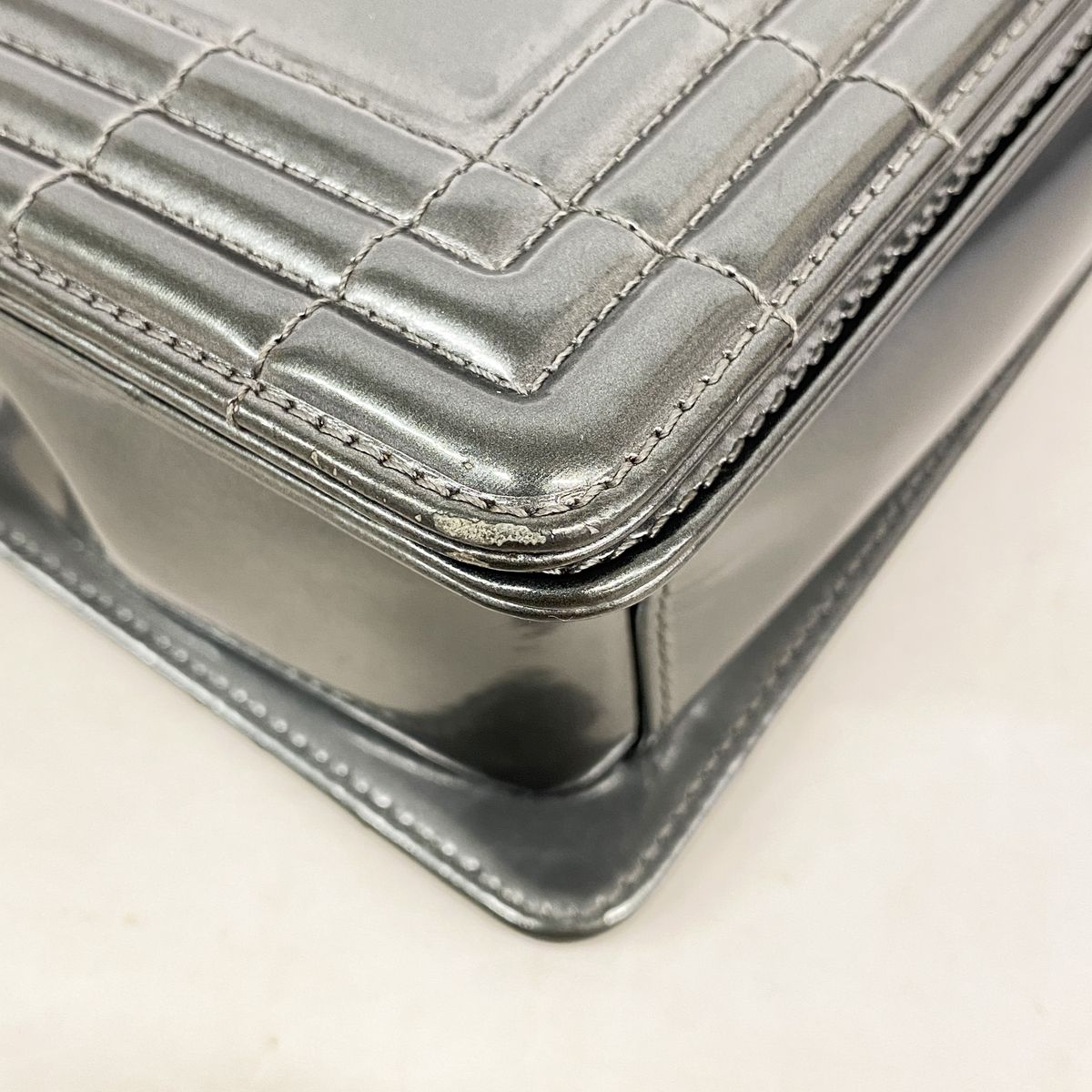 Chanel Shoulder Bag Boy Patent Leather Gray Silver — view 6
